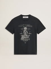 Golden Goose Men’s worn-black cotton T-shirt with print on the front