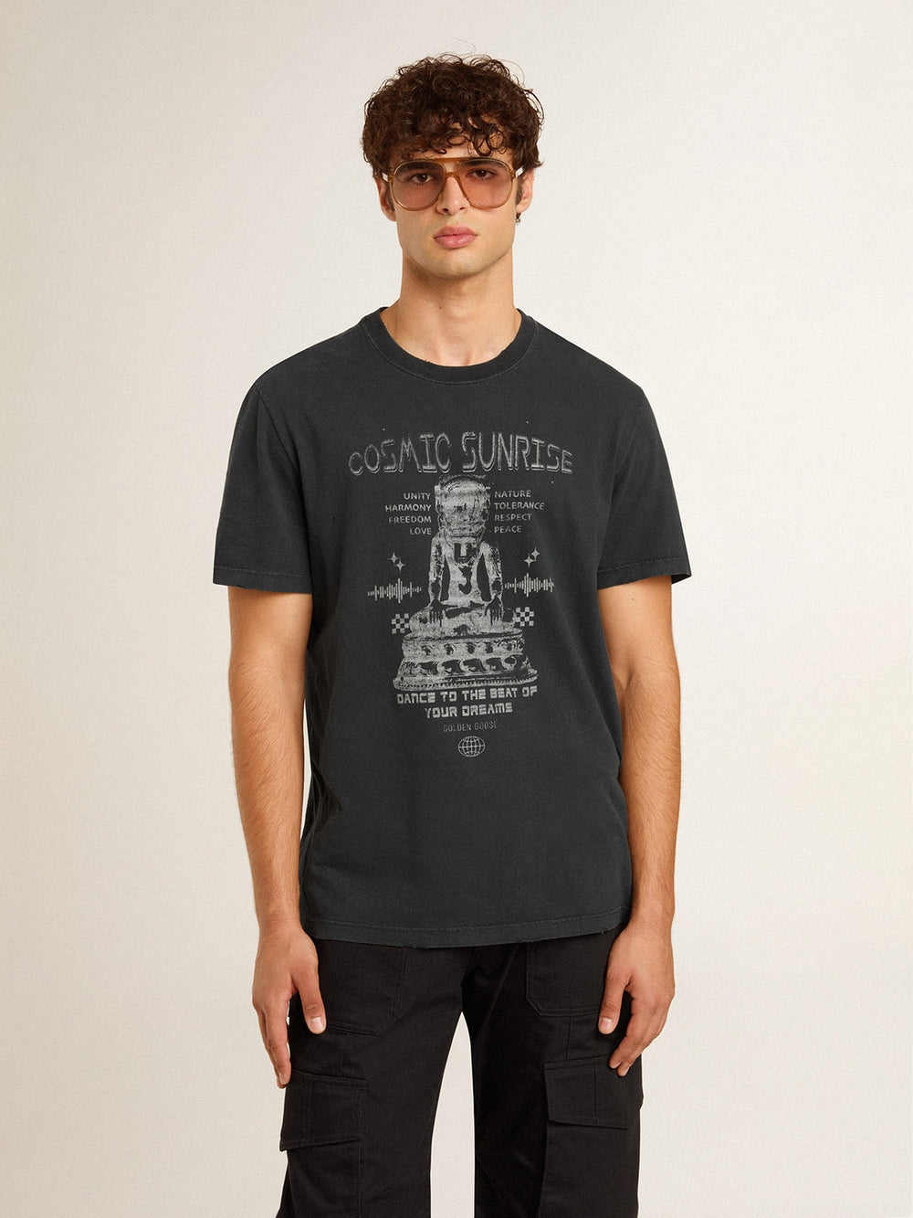 Golden Goose Men’s worn-black cotton T-shirt with print on the front