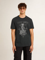 Golden Goose Men’s worn-black cotton T-shirt with print on the front