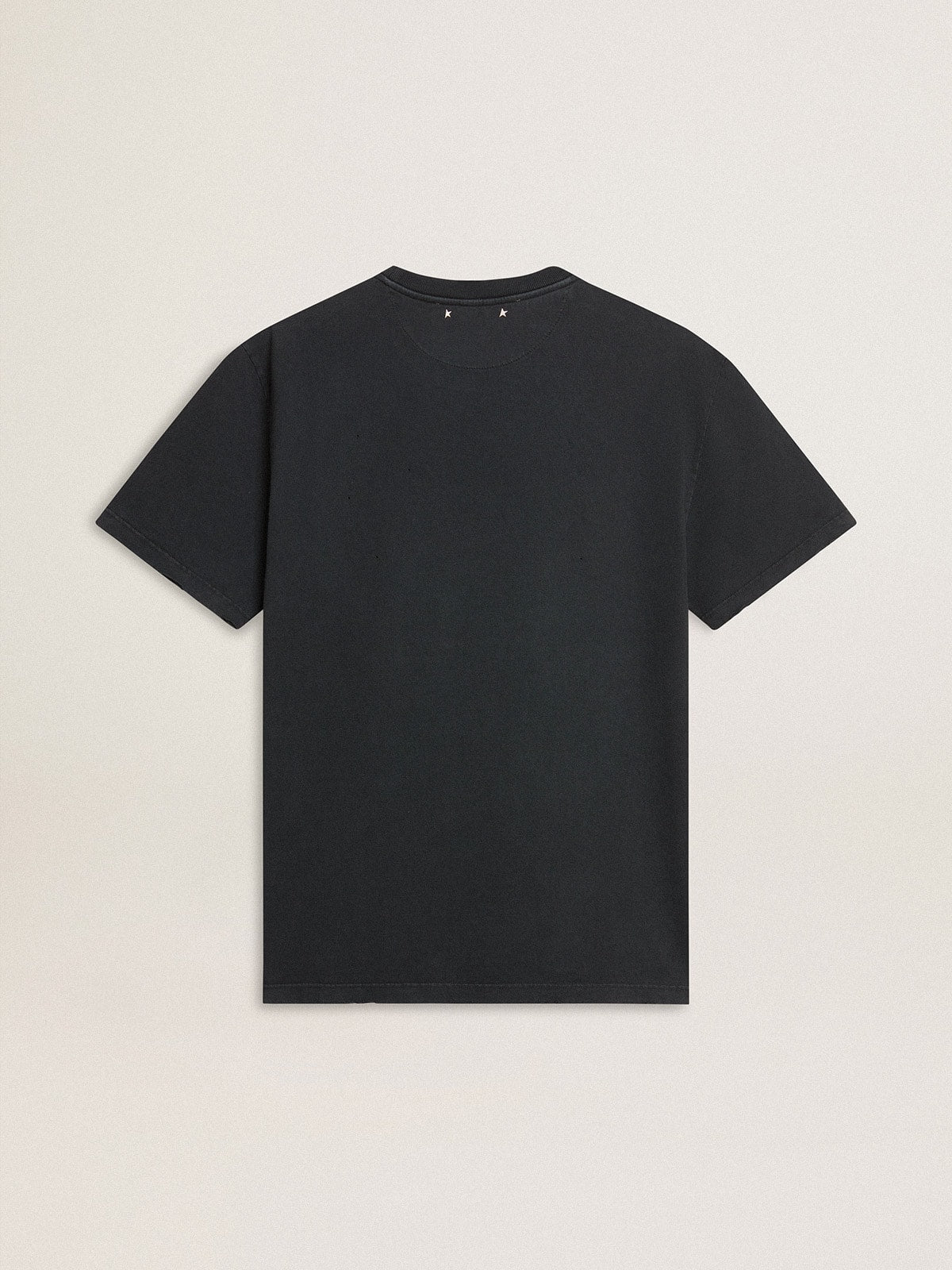 Golden Goose Men’s worn-black cotton T-shirt with print on the front