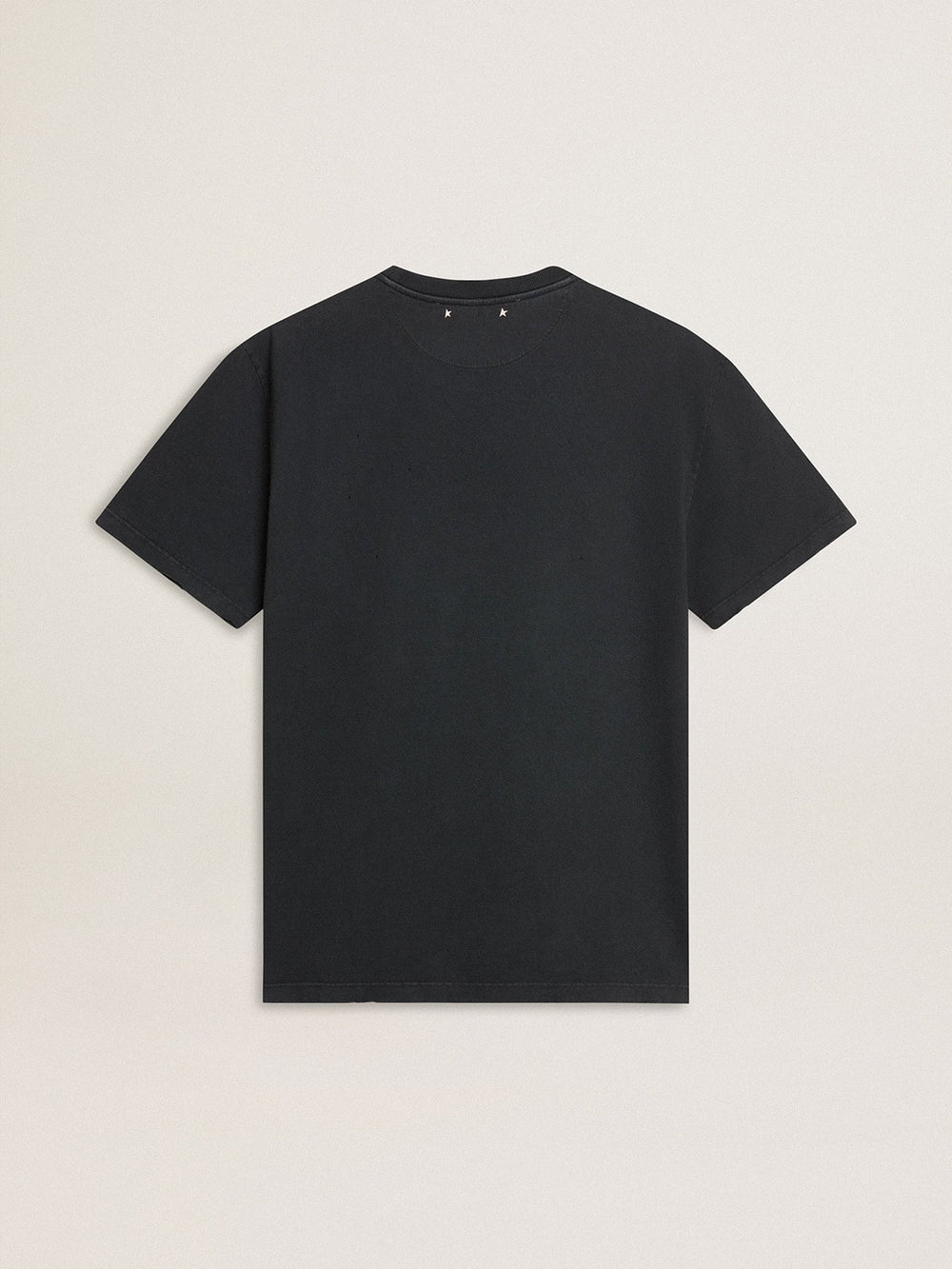 Golden Goose Men’s worn-black cotton T-shirt with print on the front