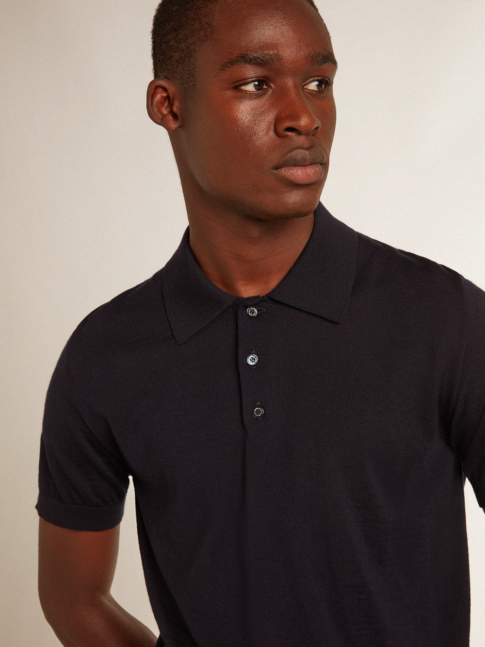 Golden Goose Men’s short-sleeved polo shirt in navy-blue merino wool