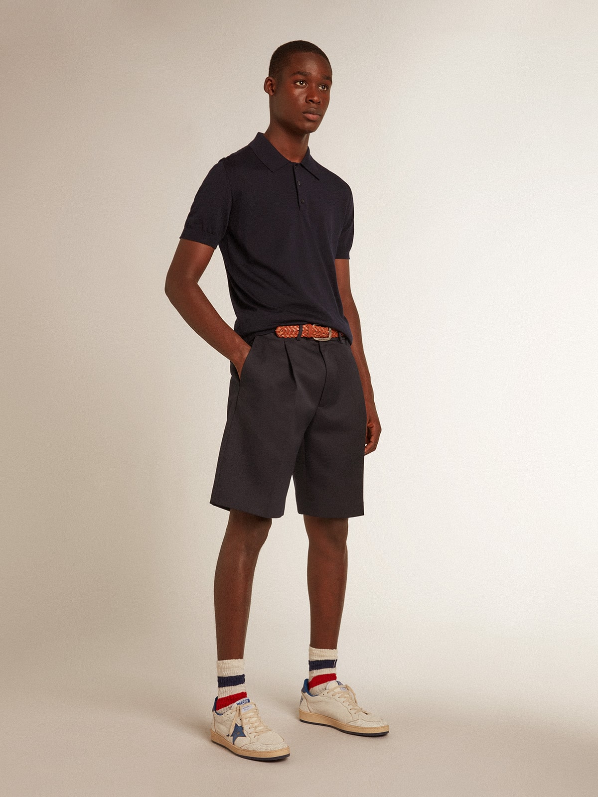 Golden Goose Men’s short-sleeved polo shirt in navy-blue merino wool
