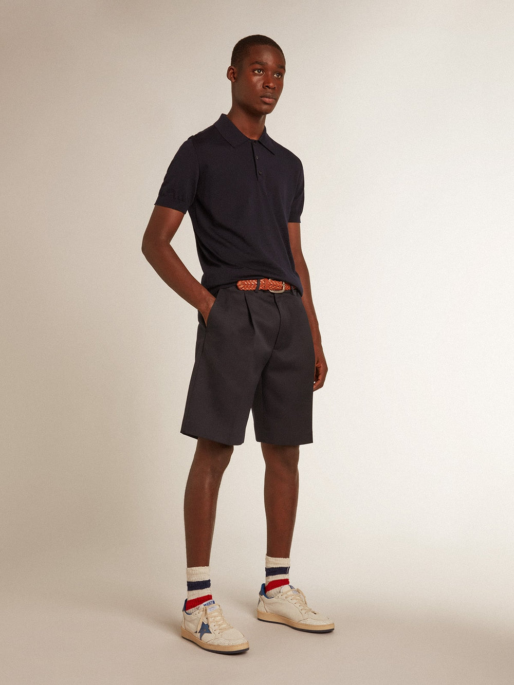 Golden Goose Men’s short-sleeved polo shirt in navy-blue merino wool