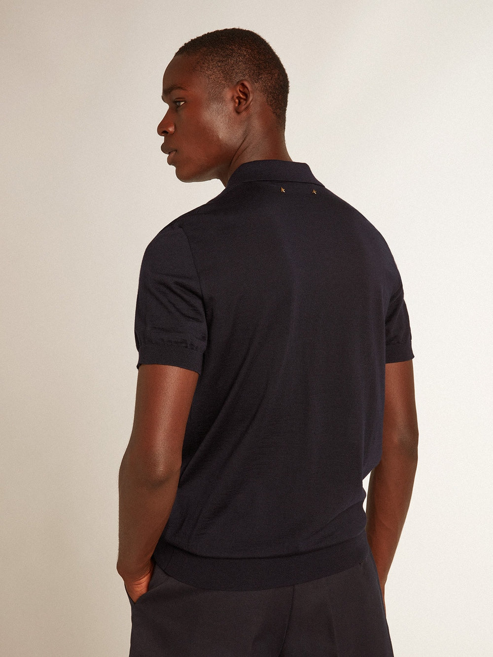 Golden Goose Men’s short-sleeved polo shirt in navy-blue merino wool