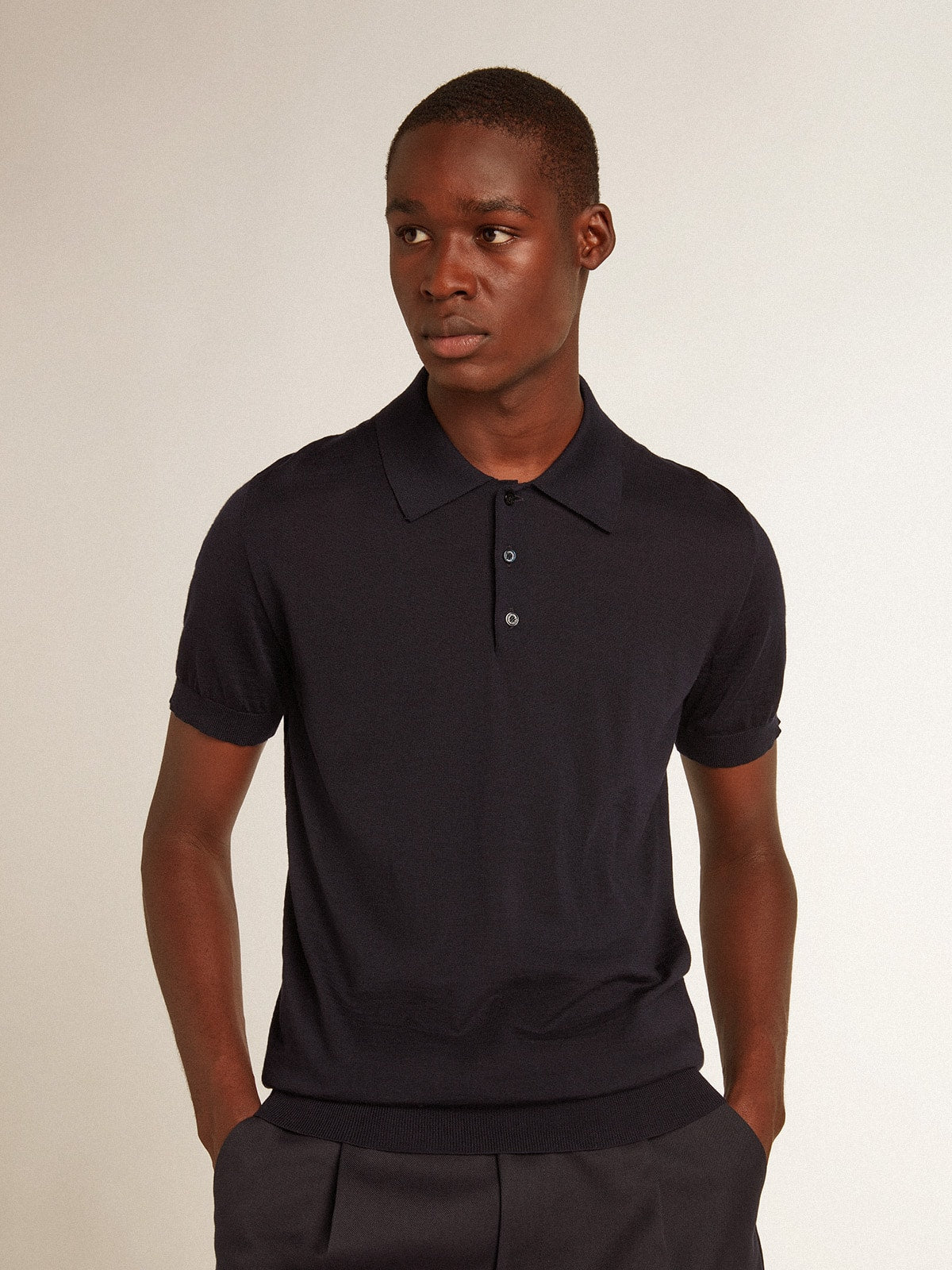 Golden Goose Men’s short-sleeved polo shirt in navy-blue merino wool
