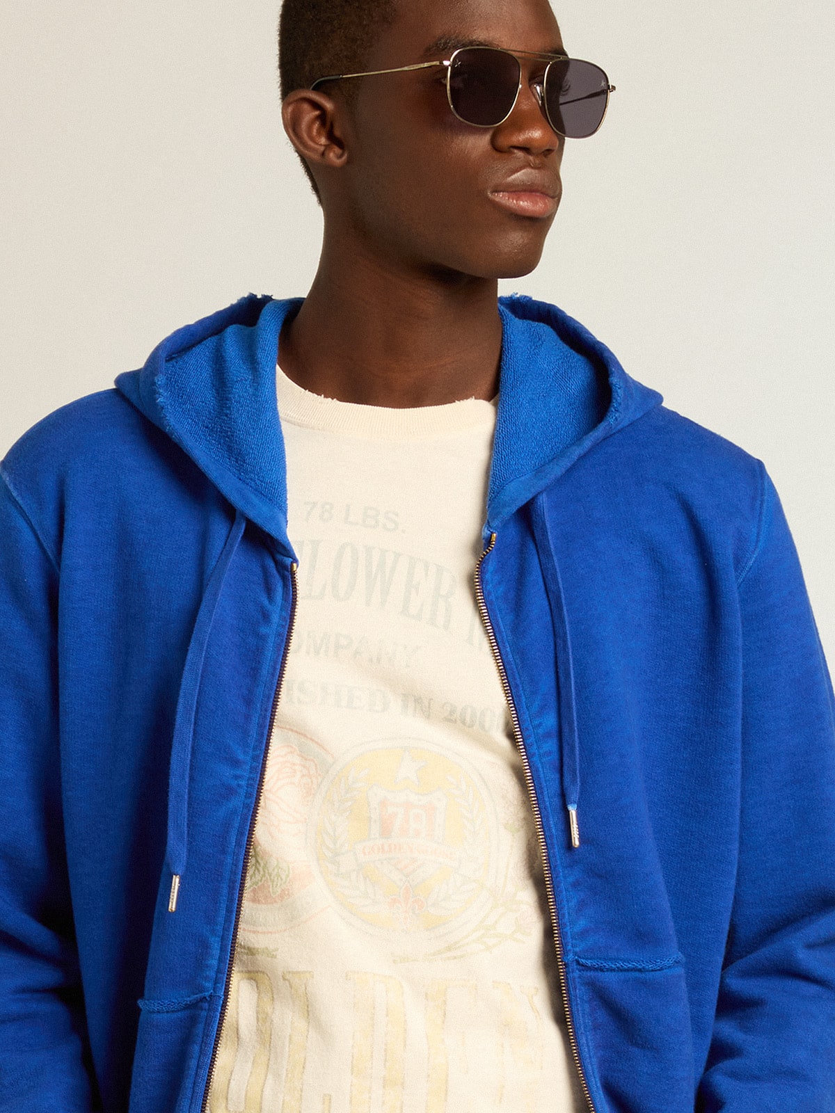 Golden Goose Men’s aged white cotton T-shirt with print on the front
