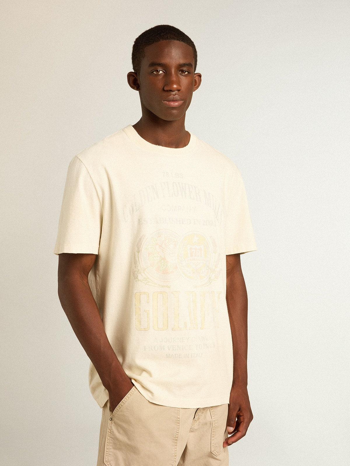 Golden Goose Men’s aged white cotton T-shirt with print on the front