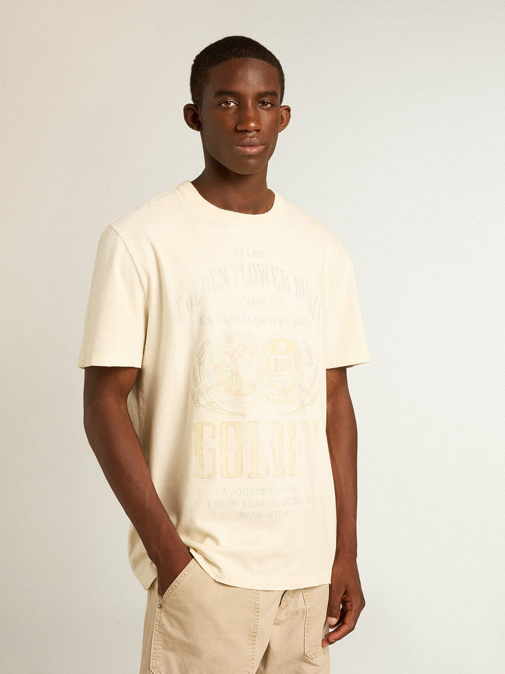 Golden Goose Men’s aged white cotton T-shirt with print on the front