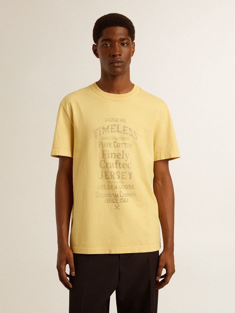 Golden Goose Men's cotton T-shirt in pale yellow with faded lettering
