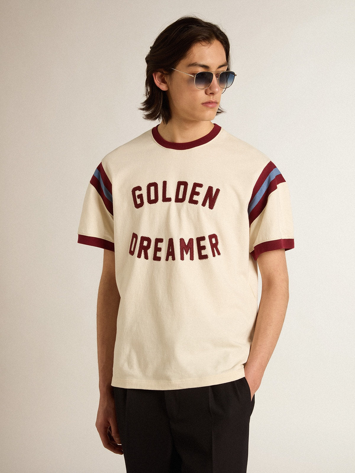 Golden Goose Men’s white T-shirt with burgundy lettering on the front