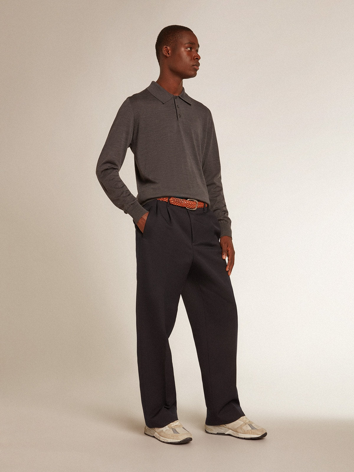 Golden Goose Men’s long-sleeved polo shirt in gray merino wool
