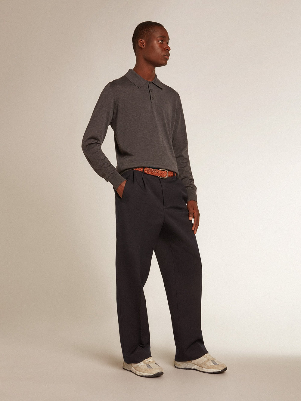 Golden Goose Men’s long-sleeved polo shirt in gray merino wool