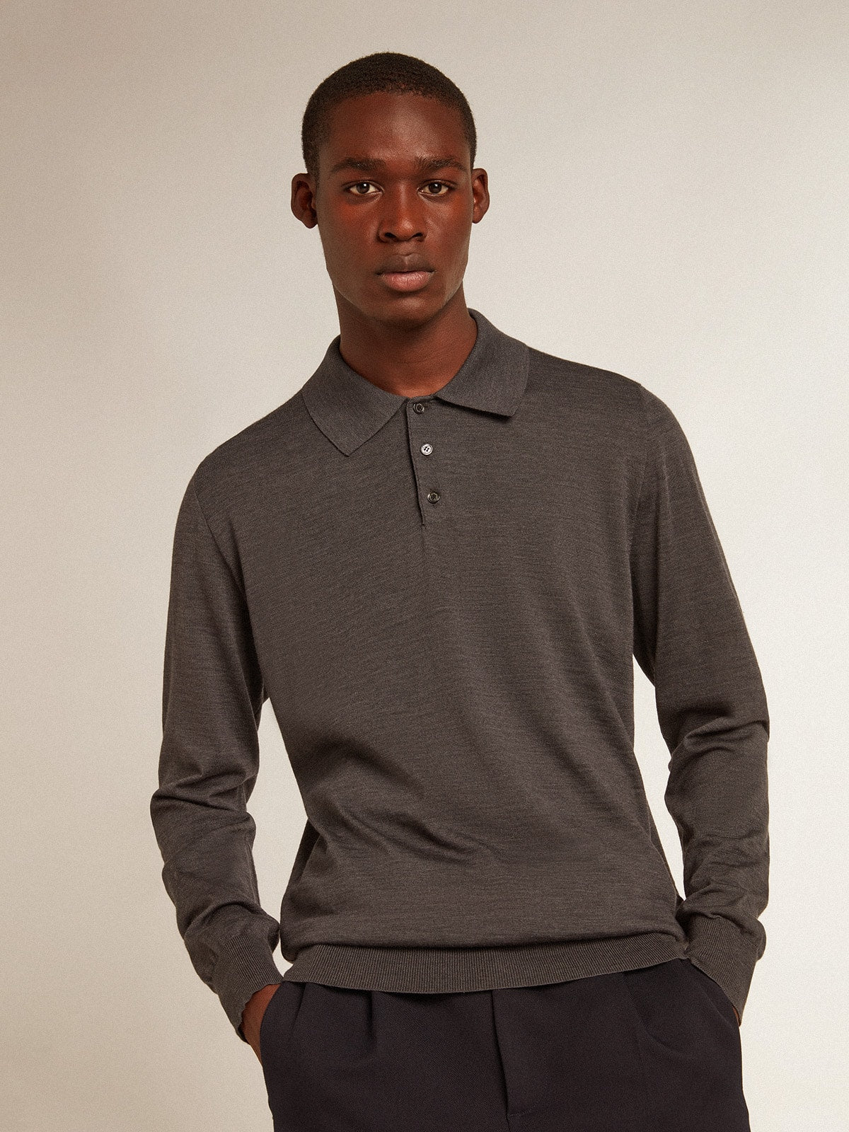 Golden Goose Men’s long-sleeved polo shirt in gray merino wool