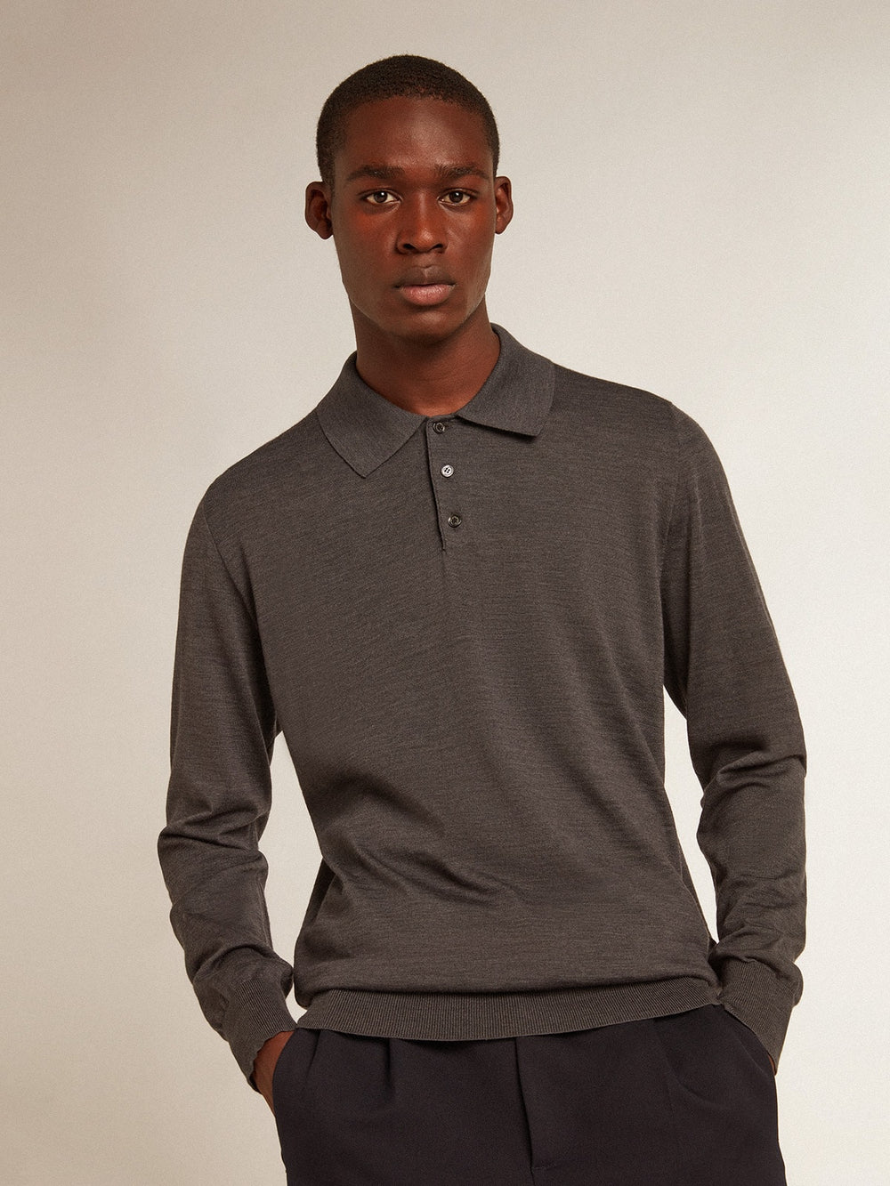 Golden Goose Men’s long-sleeved polo shirt in gray merino wool