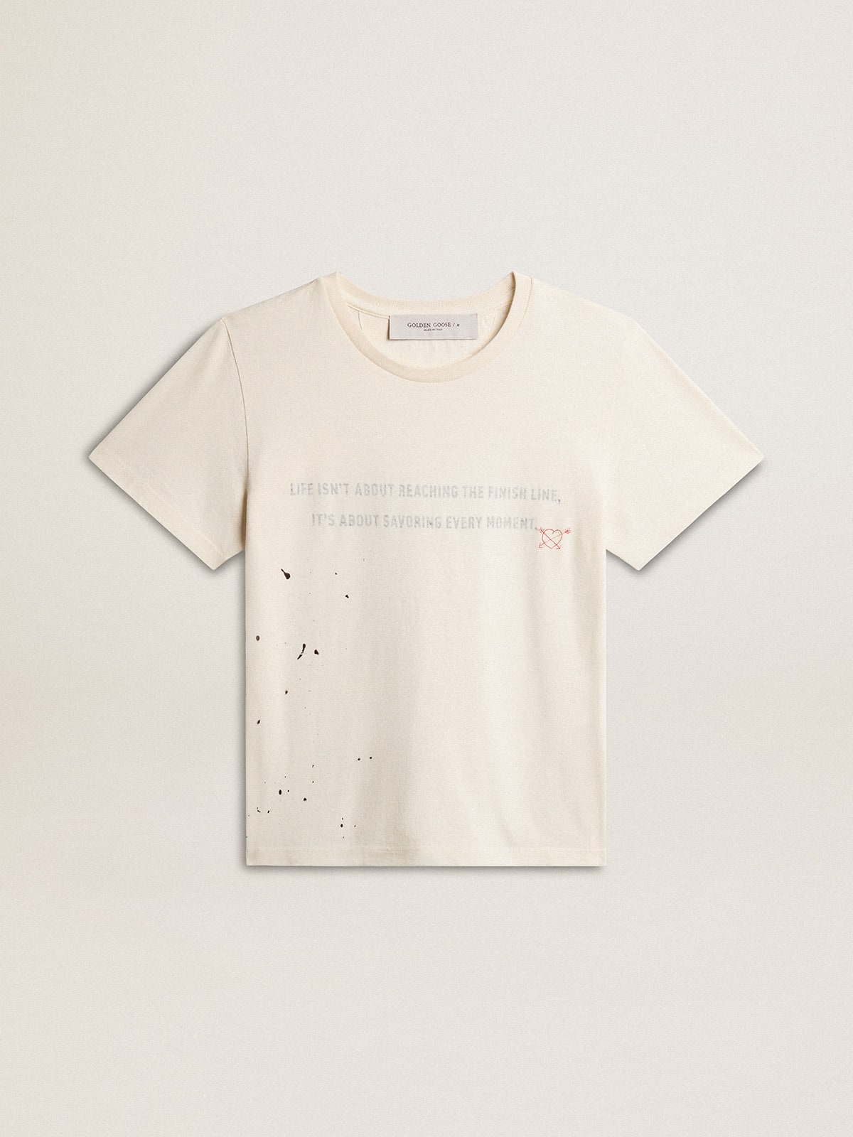 Golden Goose Men's T-shirt in aged white cotton with print and embroidery