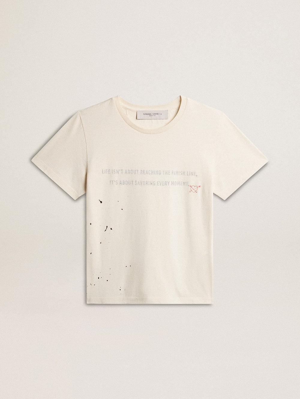 Golden Goose Men's T-shirt in aged white cotton with print and embroidery