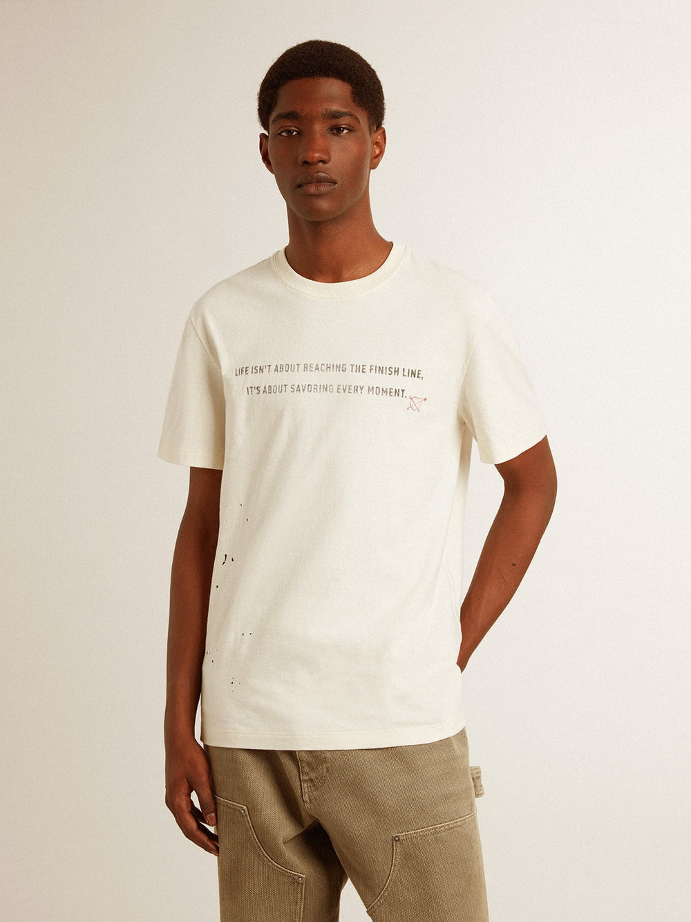 Golden Goose Men's T-shirt in aged white cotton with print and embroidery
