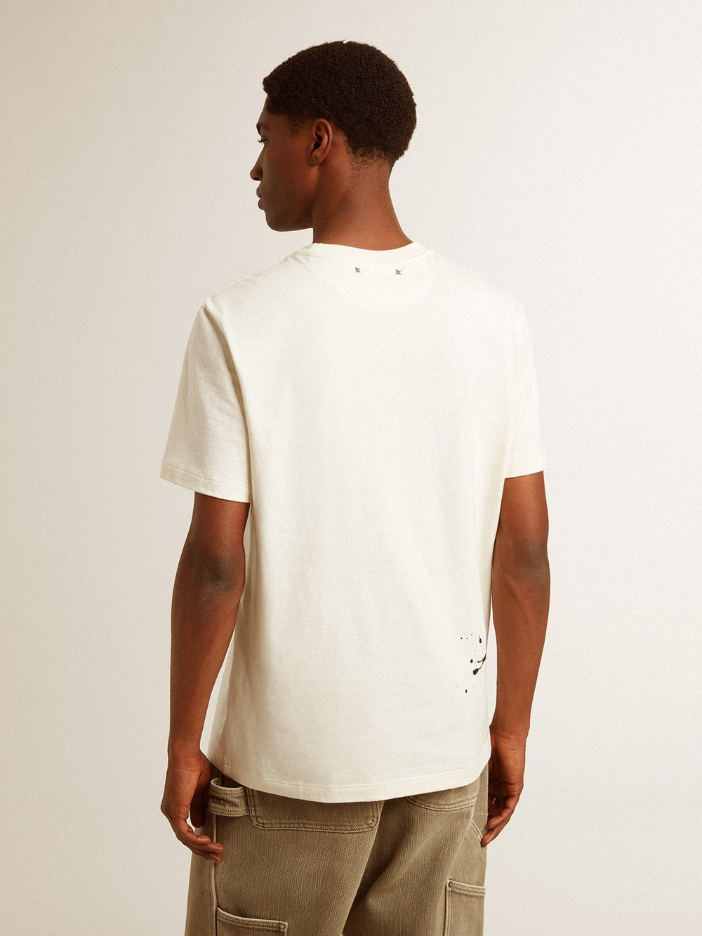 Golden Goose Men's T-shirt in aged white cotton with print and embroidery