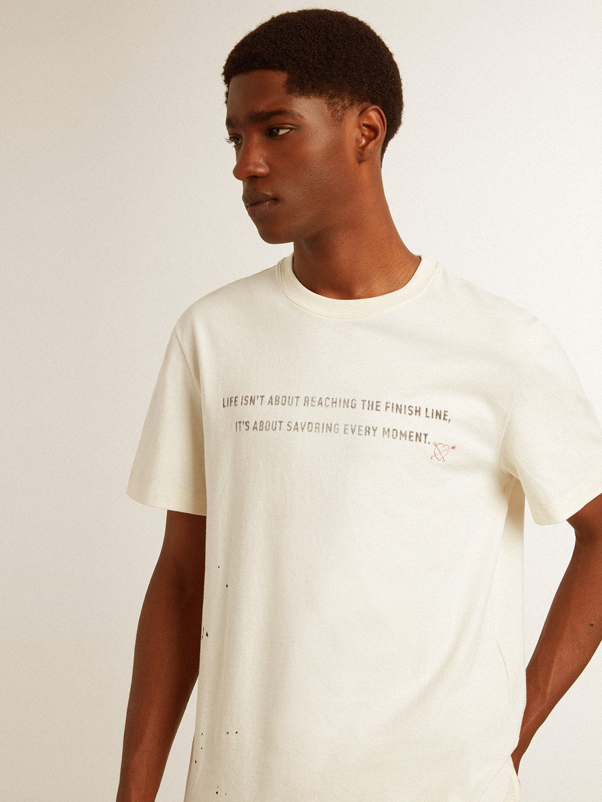 Golden Goose Men's T-shirt in aged white cotton with print and embroidery