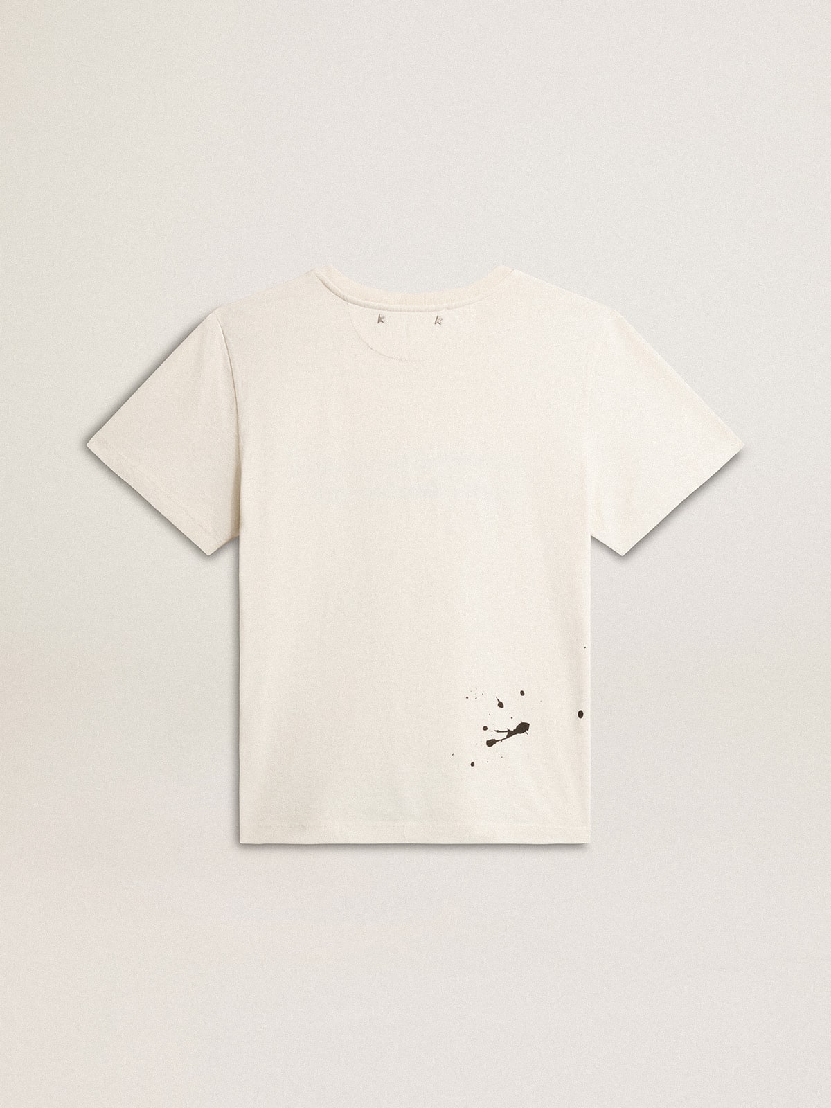 Golden Goose Men's T-shirt in aged white cotton with print and embroidery