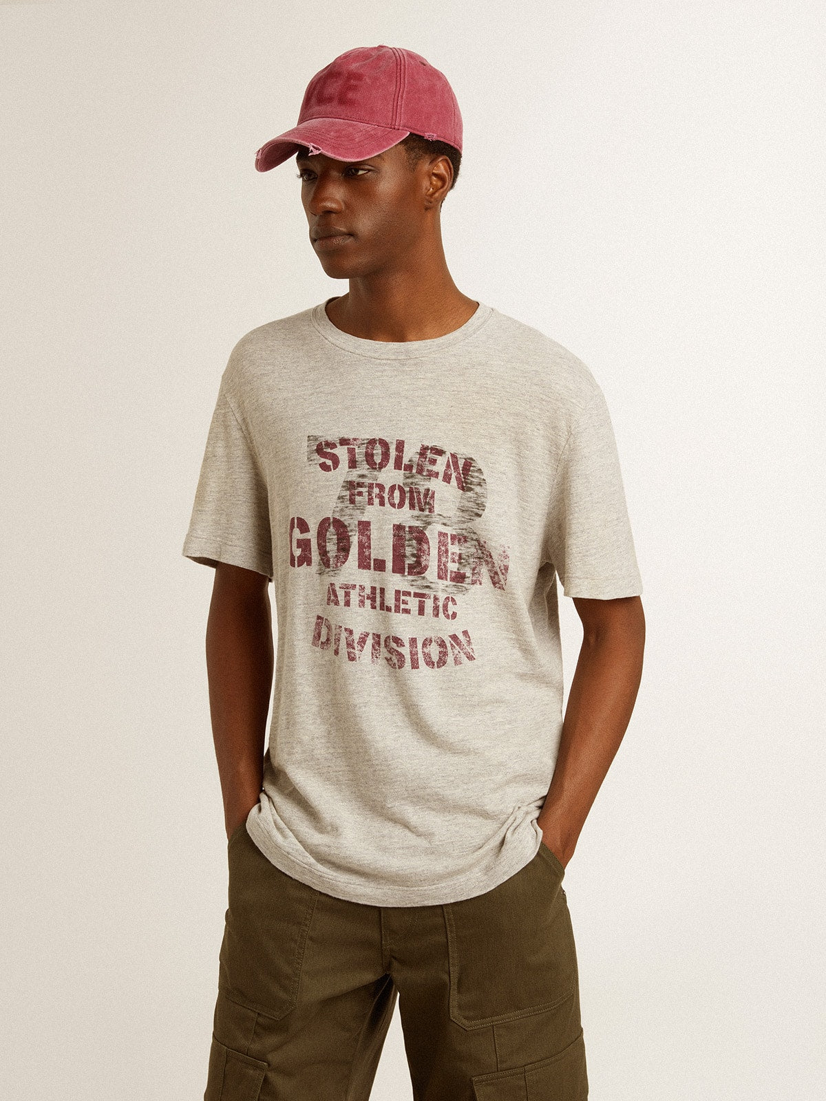 Golden Goose Men's gray cotton T-shirt with vintage print on the front