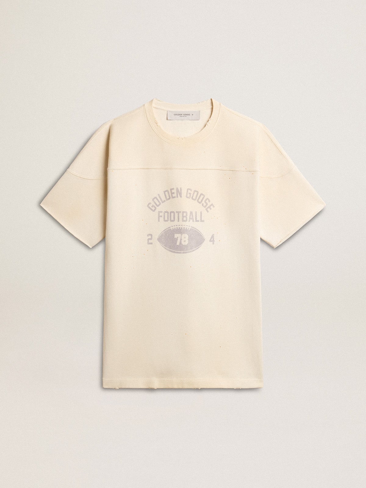 Golden Goose Men's cotton T-shirt in vintage white with raw edge on the front