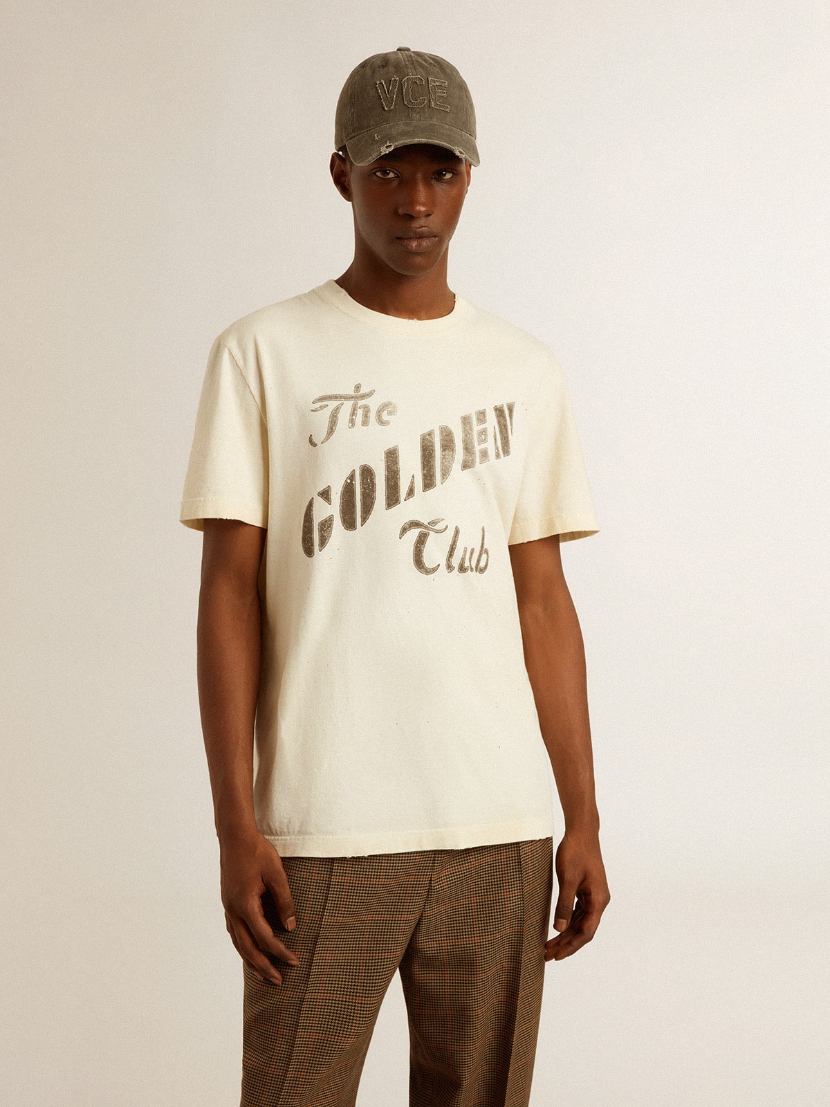 Golden Goose Men's aged white cotton T-shirt with gold print