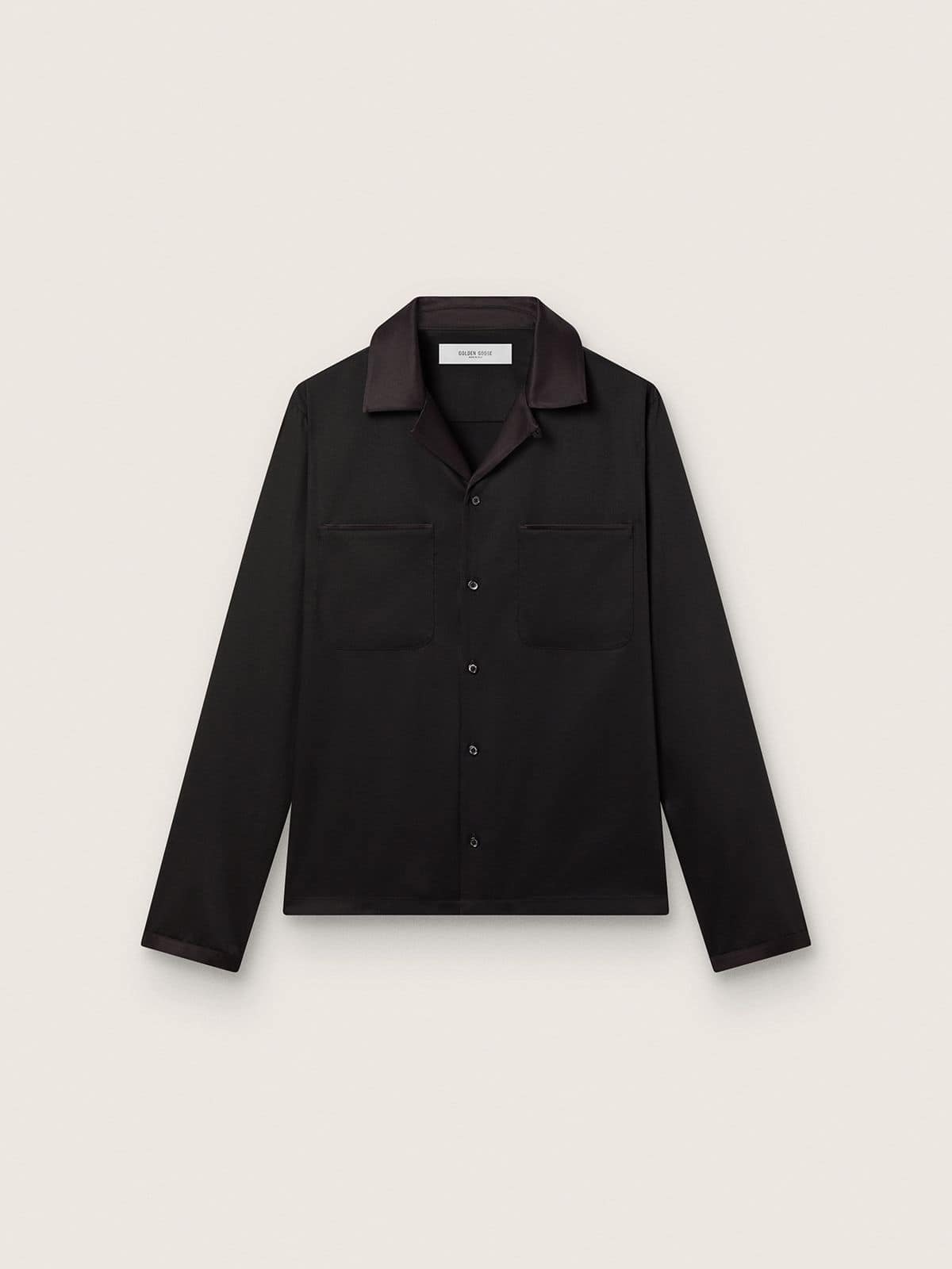 Golden Goose Men's shirt in black wool twill with black satin details