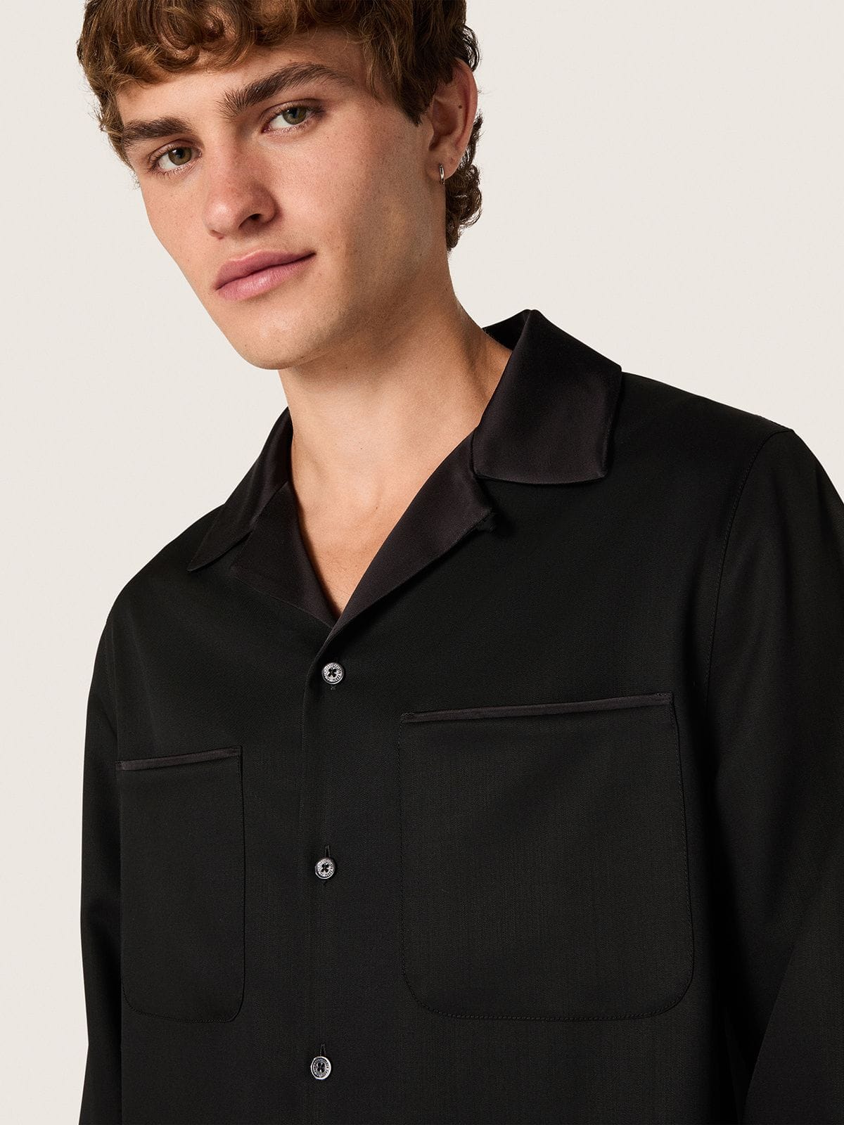 Golden Goose Men's shirt in black wool twill with black satin details