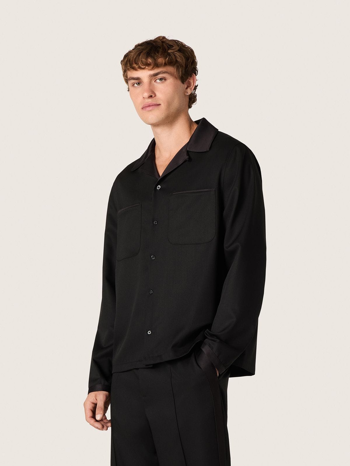 Golden Goose Men's shirt in black wool twill with black satin details