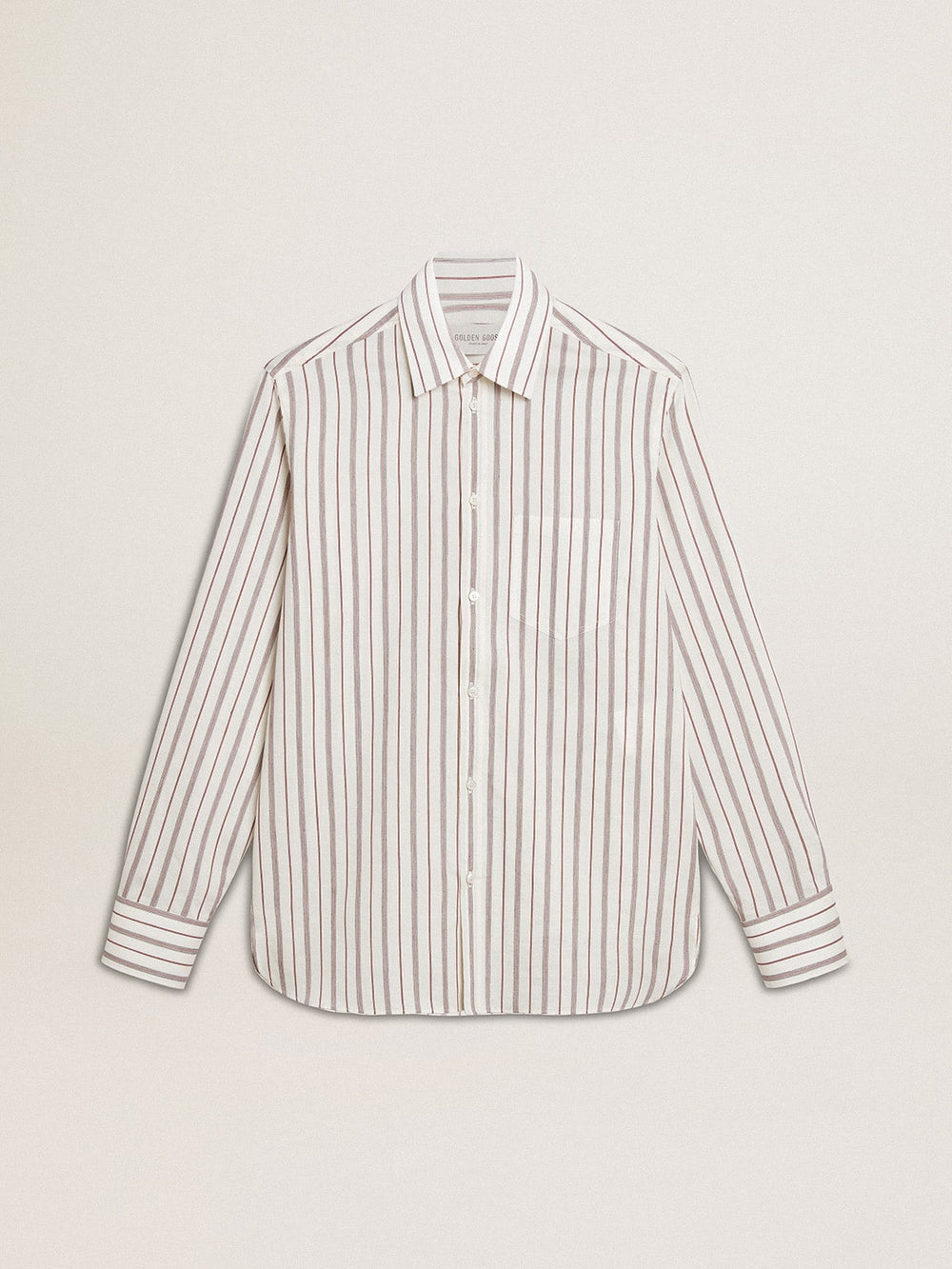 Golden Goose Men's white cotton shirt with fine burgundy stripes