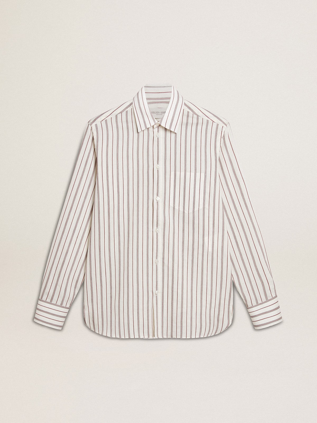 Golden Goose Men's white cotton shirt with fine burgundy stripes