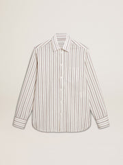 Golden Goose Men's white cotton shirt with fine burgundy stripes
