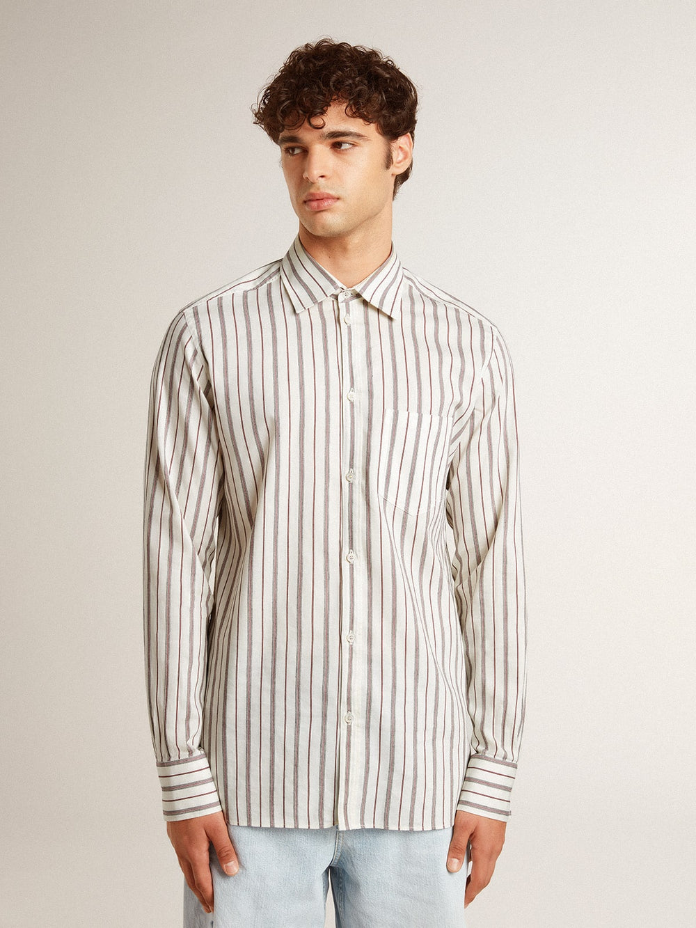 Golden Goose Men's white cotton shirt with fine burgundy stripes