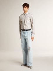 Golden Goose Men's white cotton shirt with fine burgundy stripes