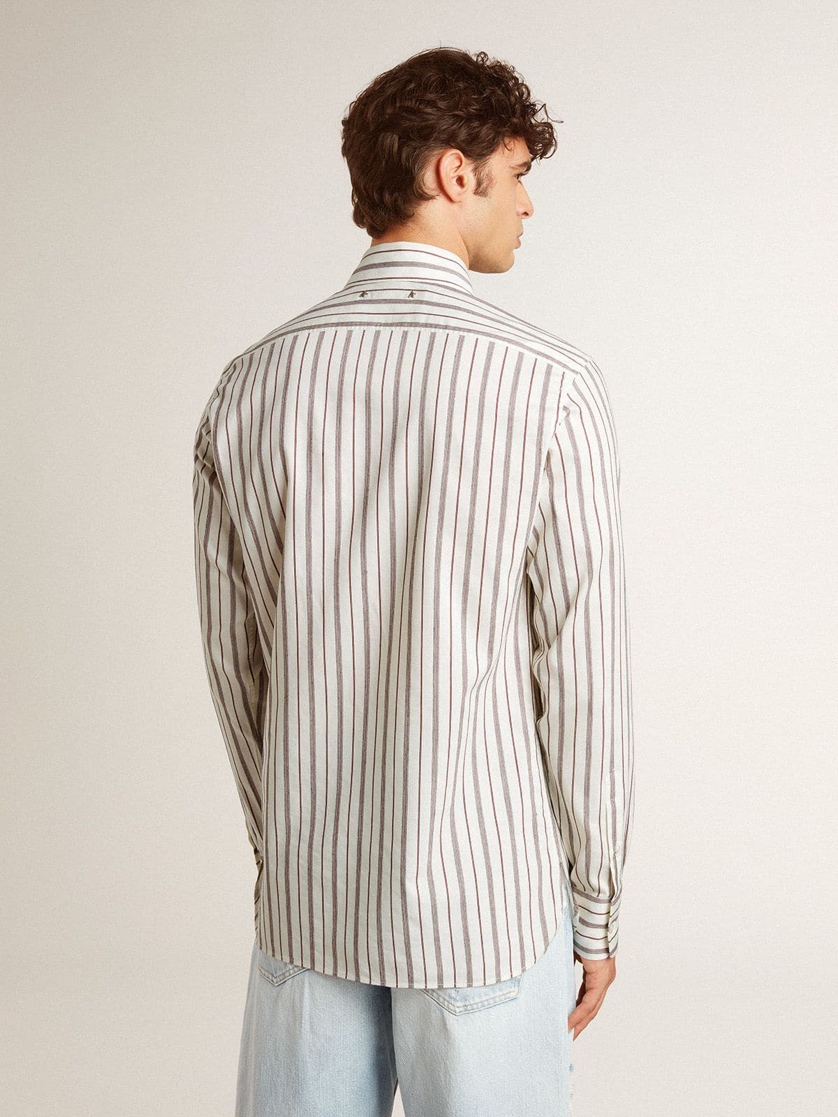 Golden Goose Men's white cotton shirt with fine burgundy stripes