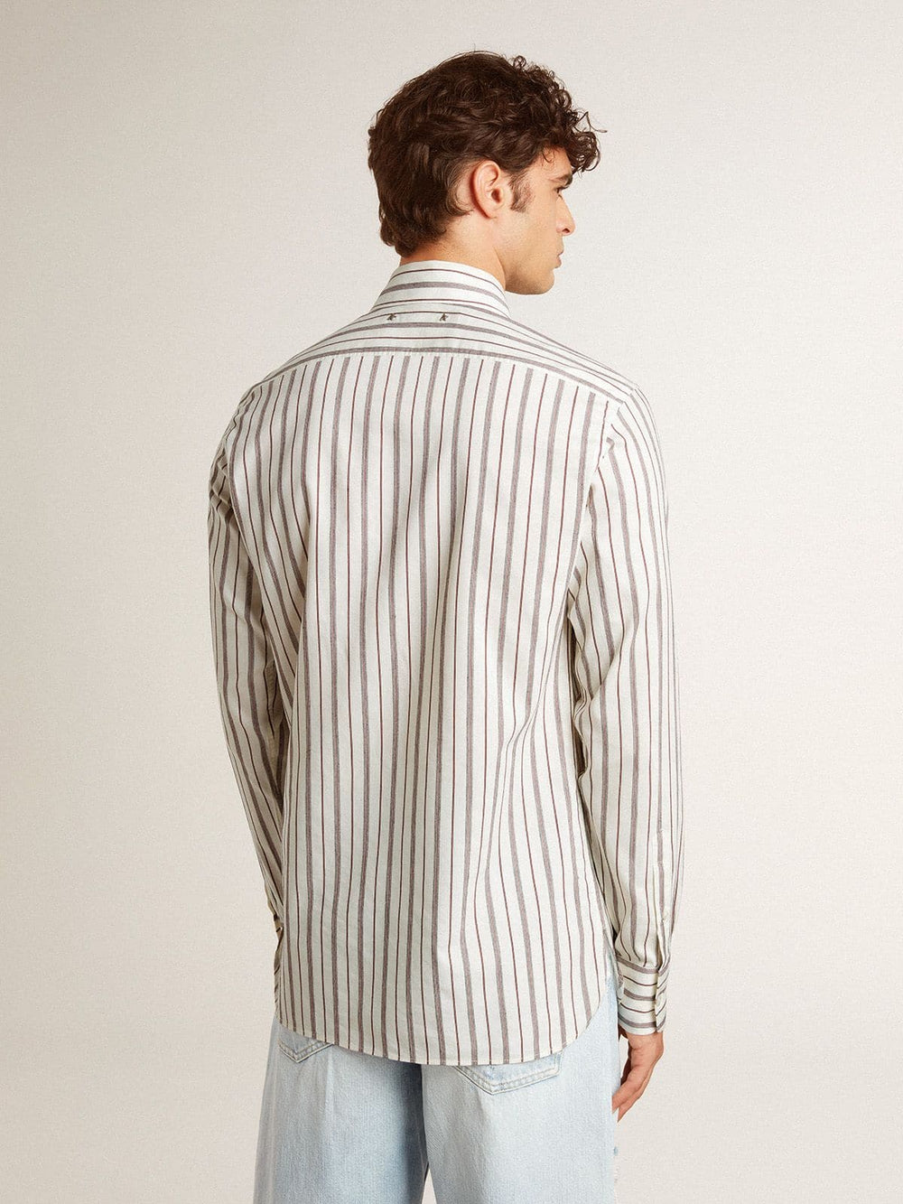 Golden Goose Men's white cotton shirt with fine burgundy stripes