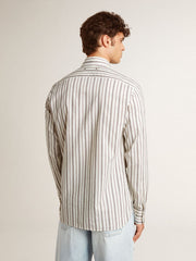 Golden Goose Men's white cotton shirt with fine burgundy stripes