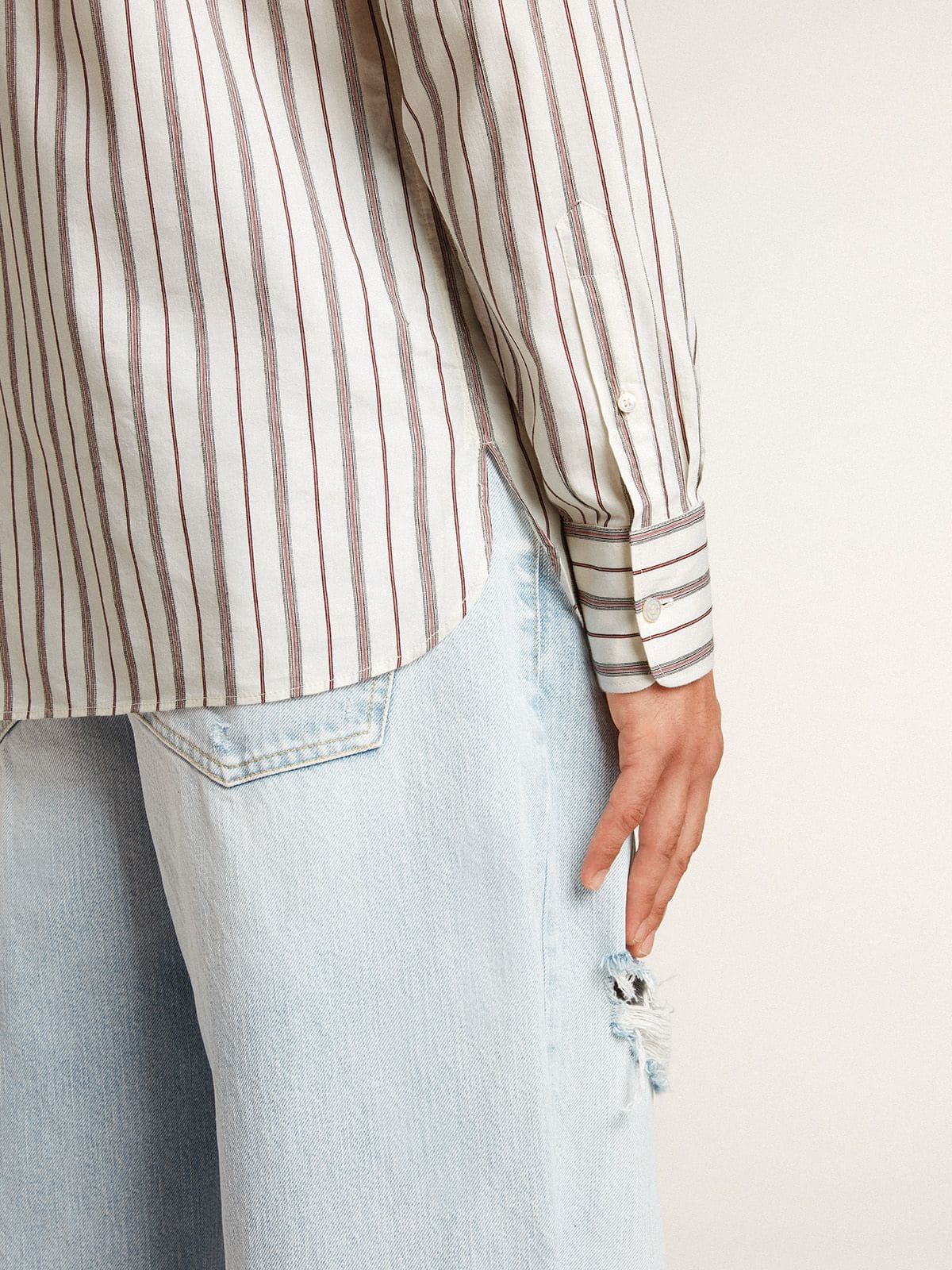 Golden Goose Men's white cotton shirt with fine burgundy stripes