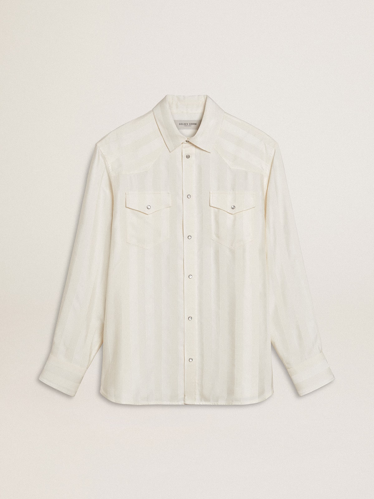 Golden Goose Men’s oversized worn-white shirt with vertical stripes