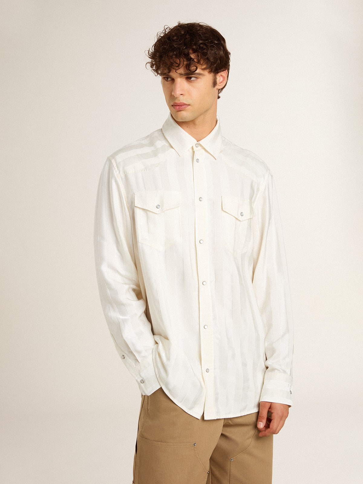 Golden Goose Men’s oversized worn-white shirt with vertical stripes