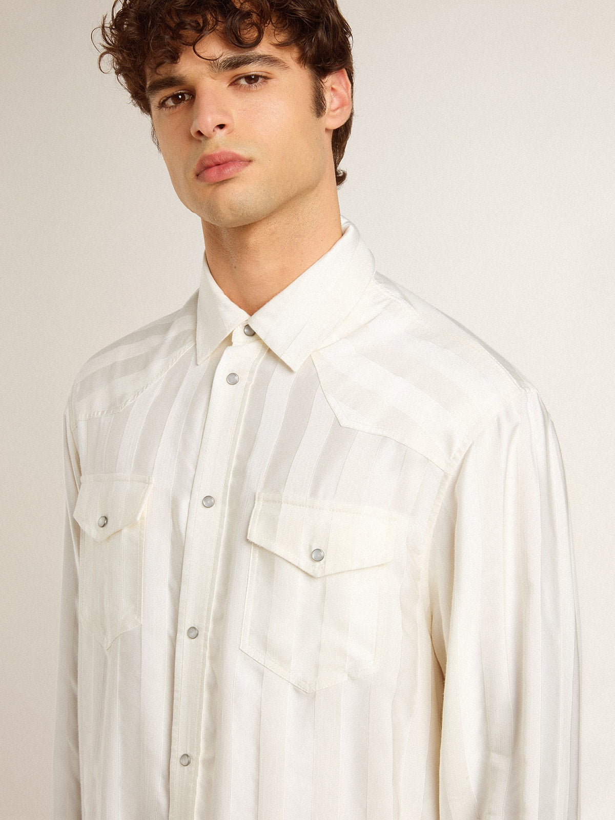 Golden Goose Men’s oversized worn-white shirt with vertical stripes