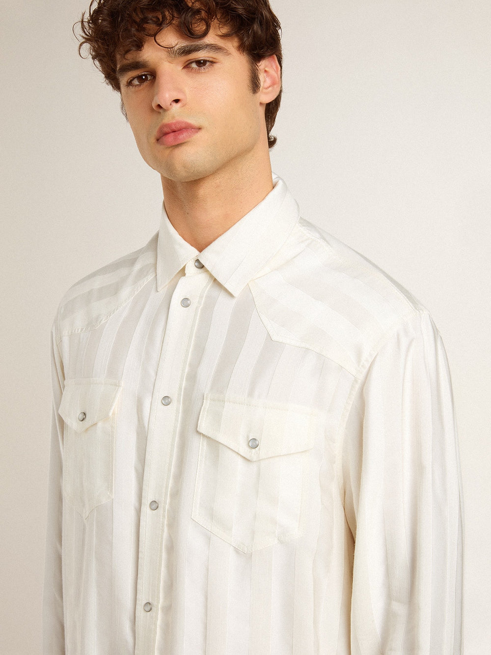 Golden Goose Men’s oversized worn-white shirt with vertical stripes