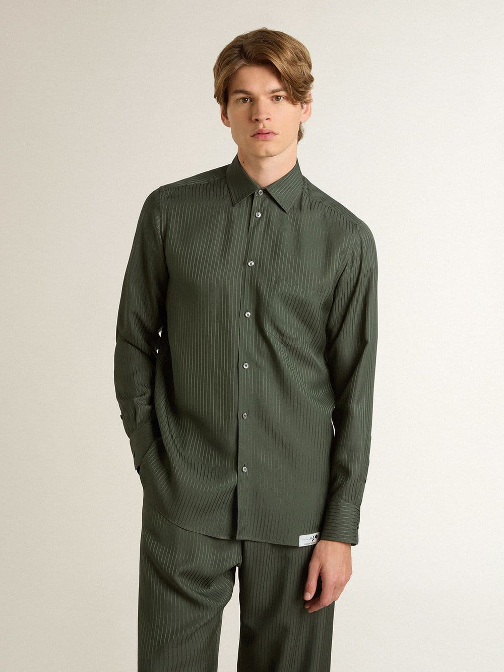 Golden Goose Men's dark green shirt with vertical stripes