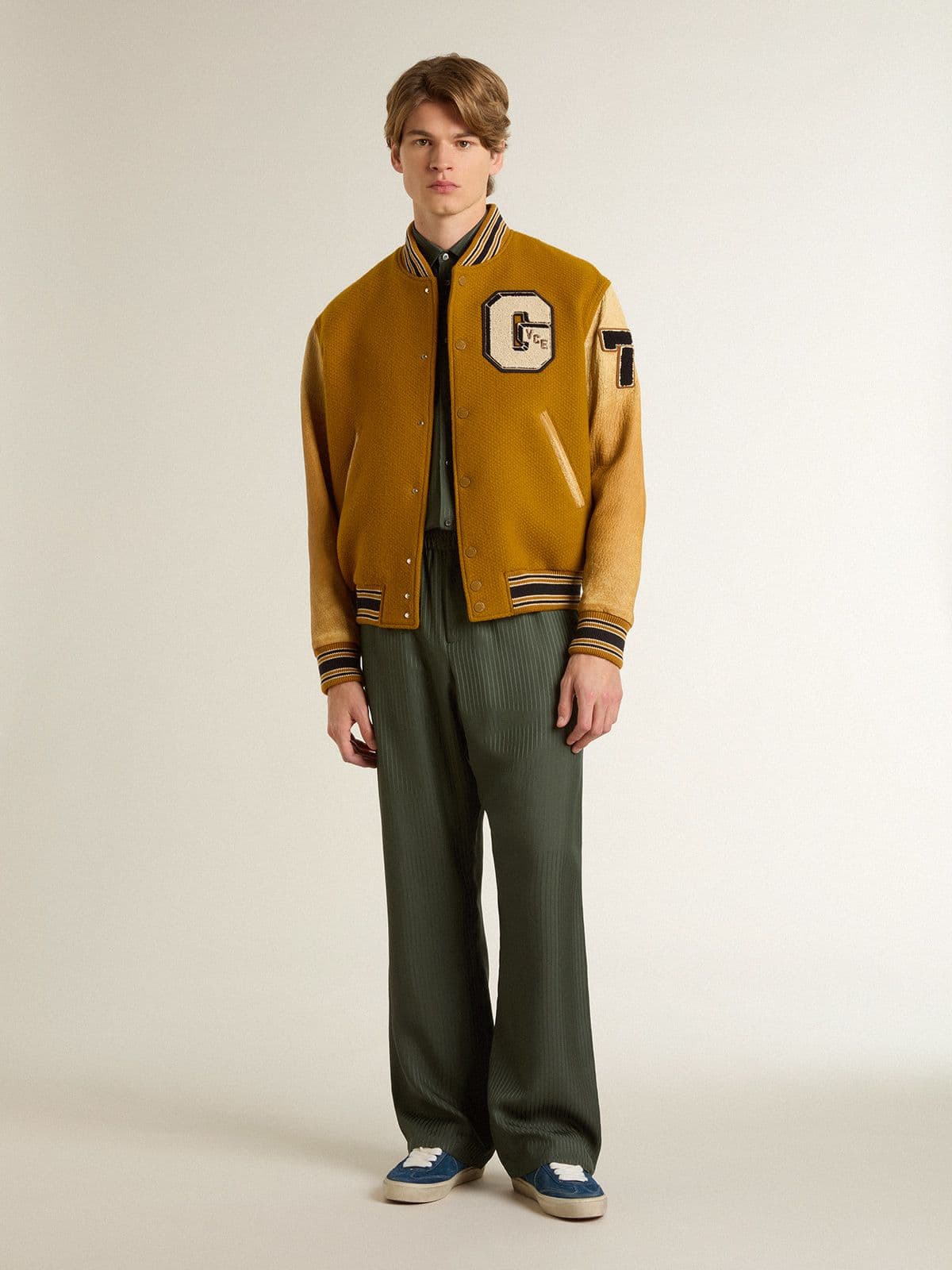 Golden Goose Men's dark green shirt with vertical stripes