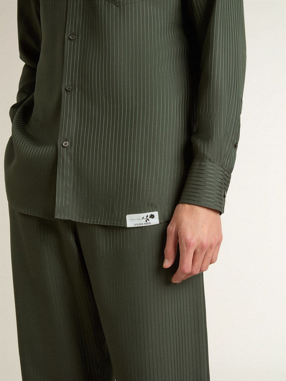 Golden Goose Men's dark green shirt with vertical stripes