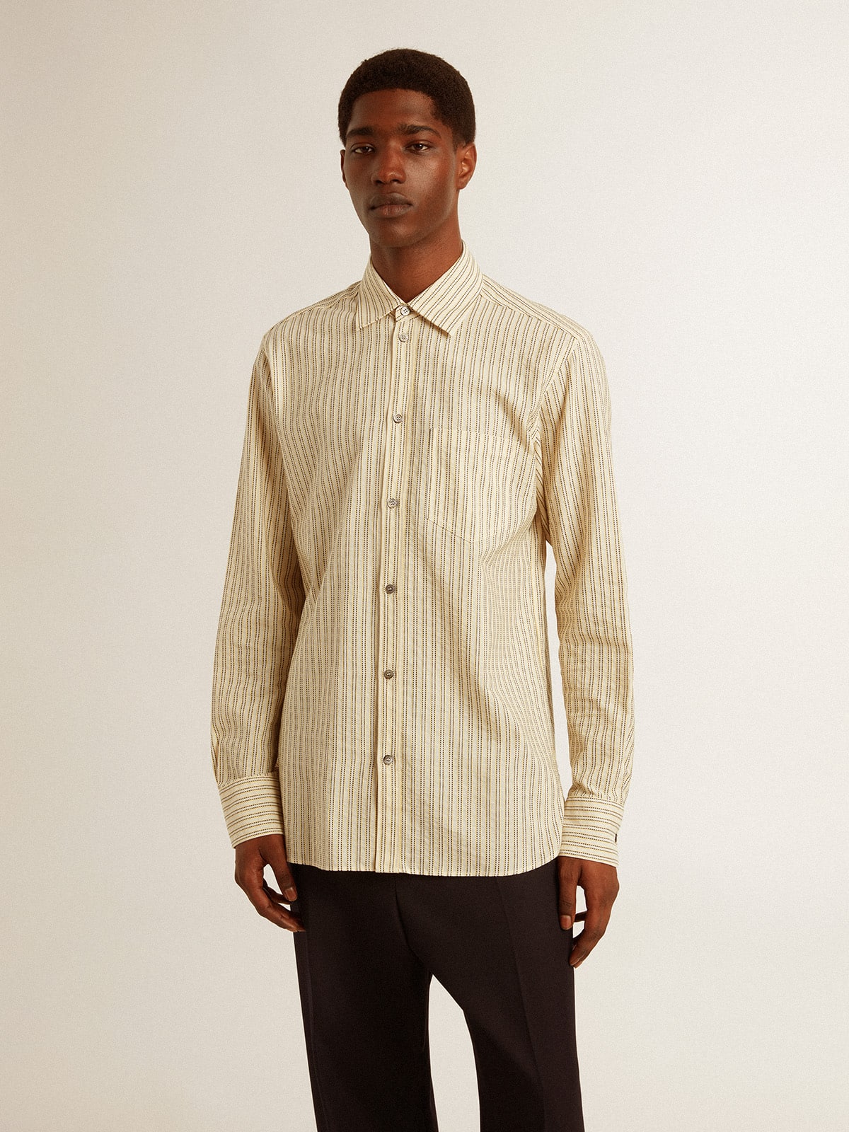 Golden Goose Men’s ecru cotton shirt with narrow black stripes