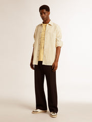 Golden Goose Men’s ecru cotton shirt with narrow black stripes