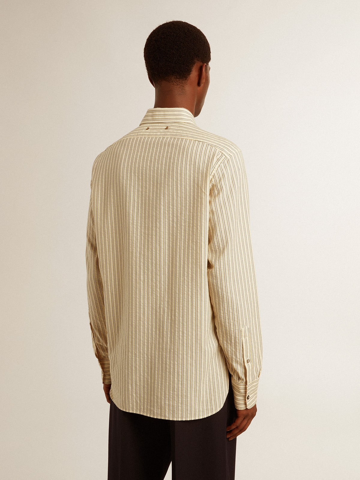 Golden Goose Men’s ecru cotton shirt with narrow black stripes